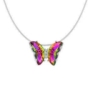 Collier en argent rhodi papillon verre 42x30mm multi couleur et orn d'oxydes blancss sertis - 42+3cm