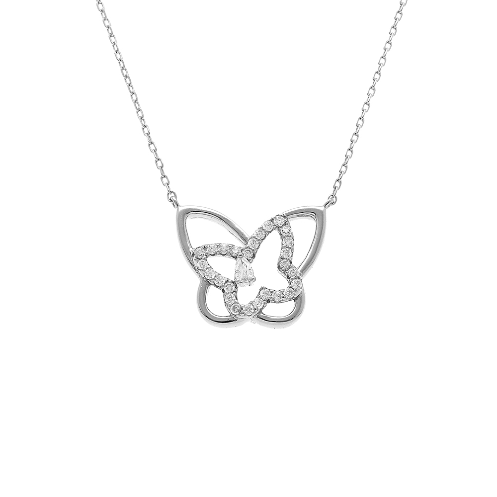 Collier en argent rhodi� papillons avec oxydes blancs - 38+5cm - Vue 1