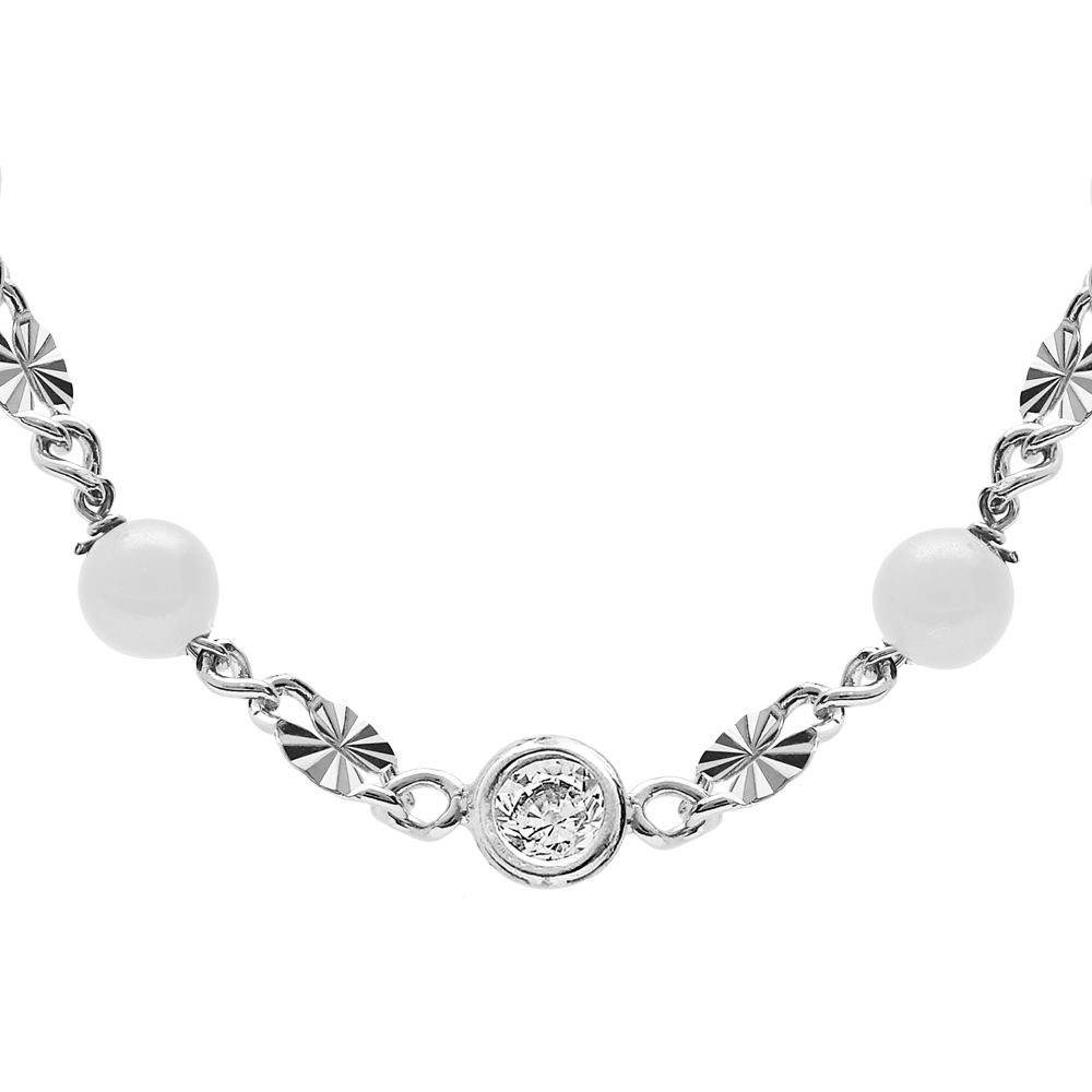 Collier en argent rhodi� pastille diamant�e et boule en verre blanche 38+5cm - Vue 1