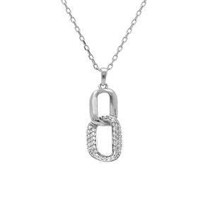 Collier en argent rhodié pendant 2 éléments entremélés 1 lisse et 1 avec contour d\'oxydes blancs - Vue 1