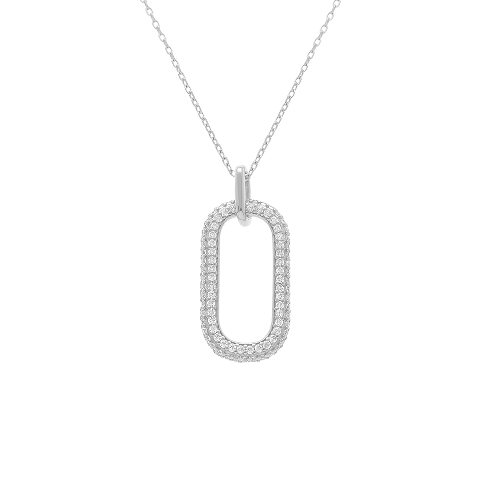 Collier en argent rhodi� pendant rectangulaire pav� d\'oxydes blancs - 38+5cm - Vue 1