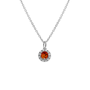 Collier en argent rhodié pendentif ambre rond véritable contour entouré d\'oxydes blancs - 42+3cm - Vue 1
