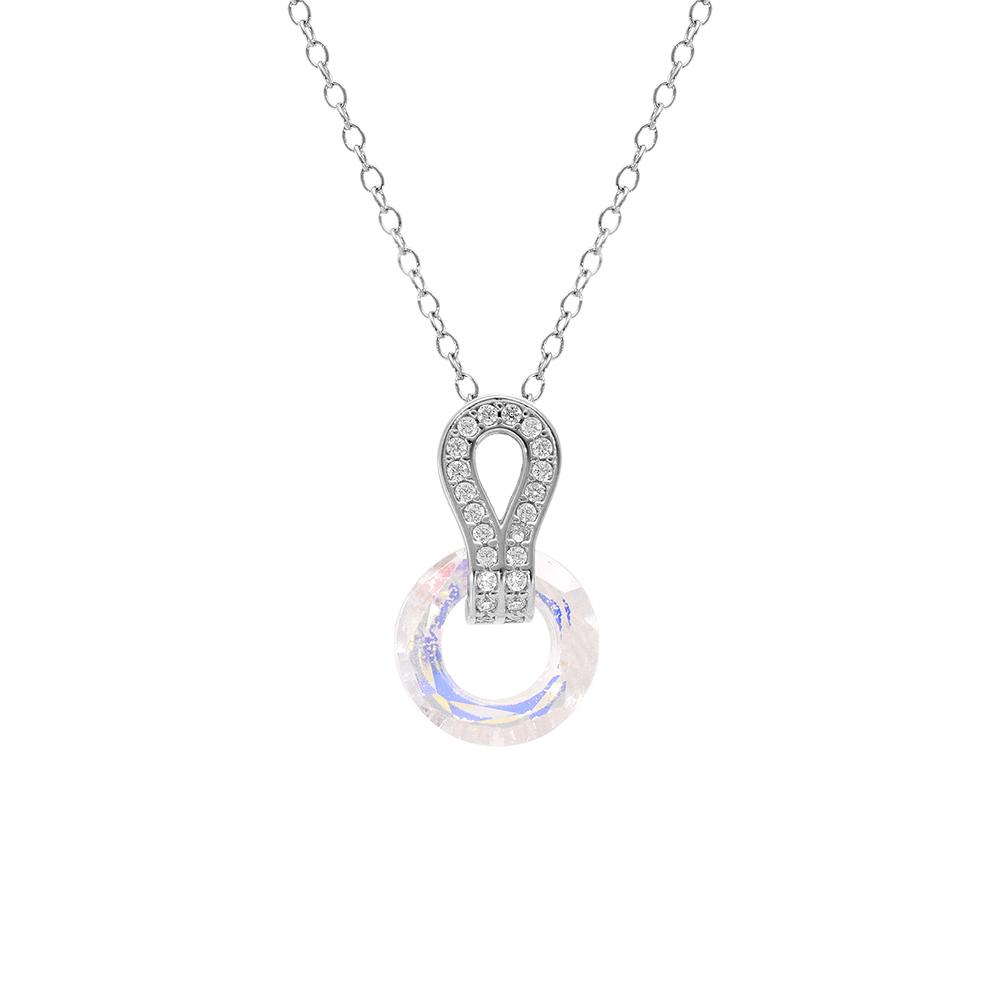 Collier en argent rhodi pendentif cercle verre facet blanc et volute oxydes blancs sertis - 44cm rglable 42 et 40 - Vue 1