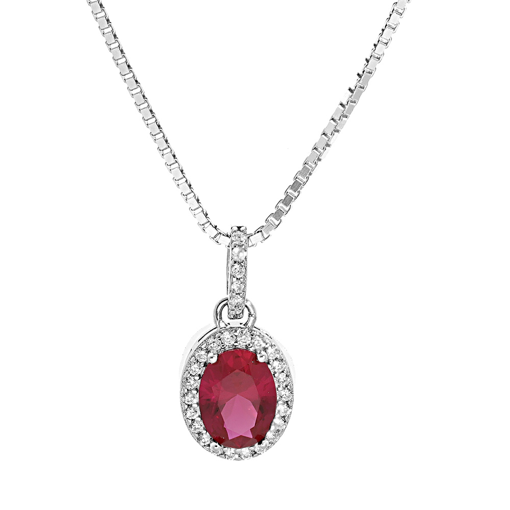 Collier en argent rhodi� pendentif cha�ne avec pendentif pierre rouge suspendue sur barrette et contour oxydes blancs sertis 42+3cm - Vue 1