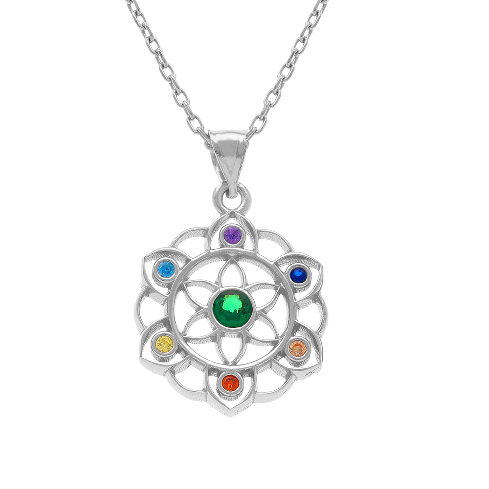 Collier en argent rhodi� pendentif chakra 15mm 7 oxydes - 40+5cm - Vue 1