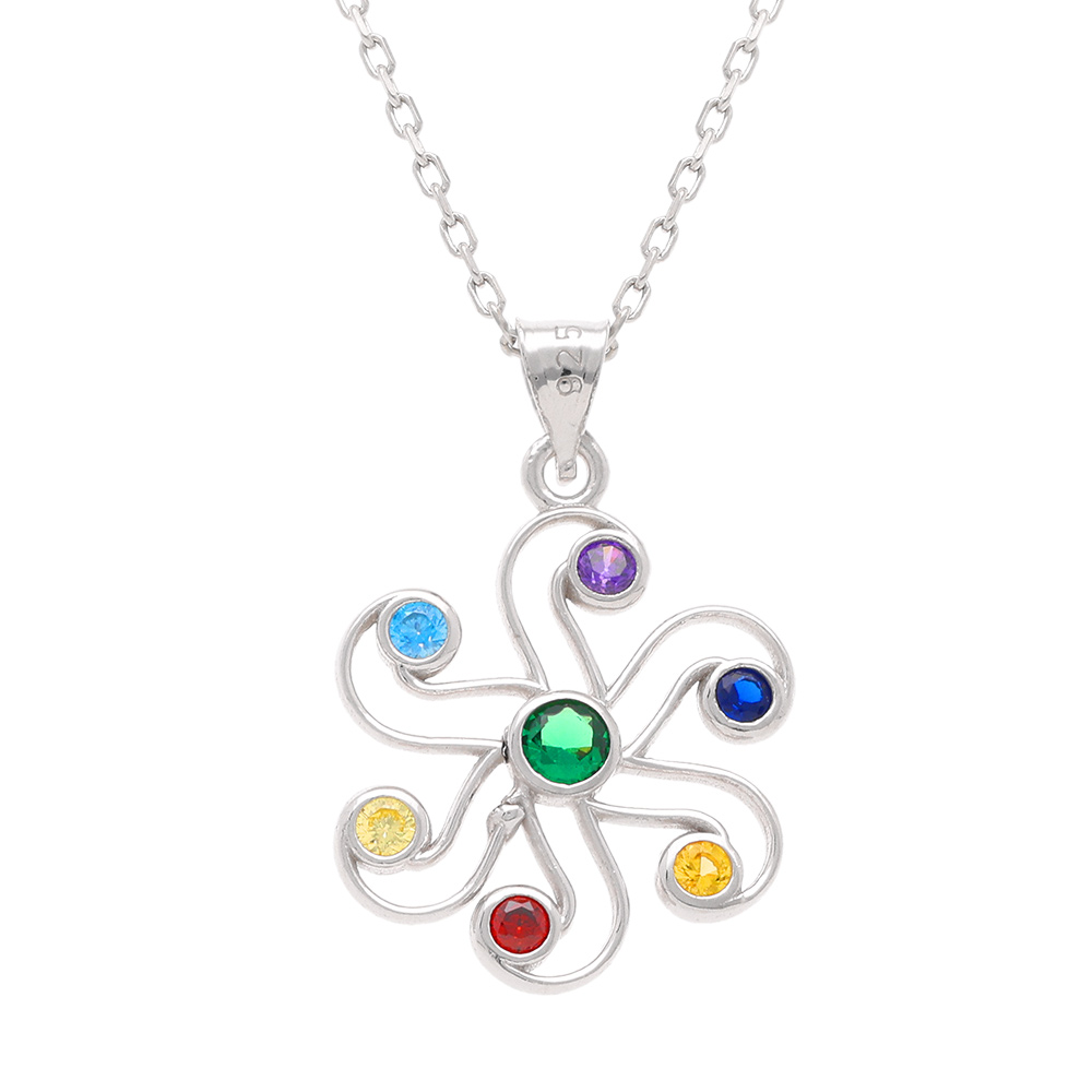 Collier en argent rhodi� pendentif chakra 17mm 7 oxydes - 40+5cm - Vue 1