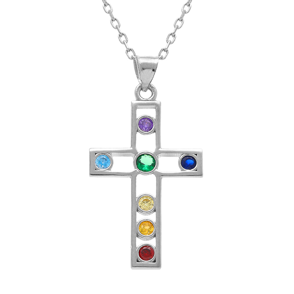 Collier en argent rhodi� pendentif chakra croix 22mm x 15mm 7 oxydes - 40+5cm - Vue 1