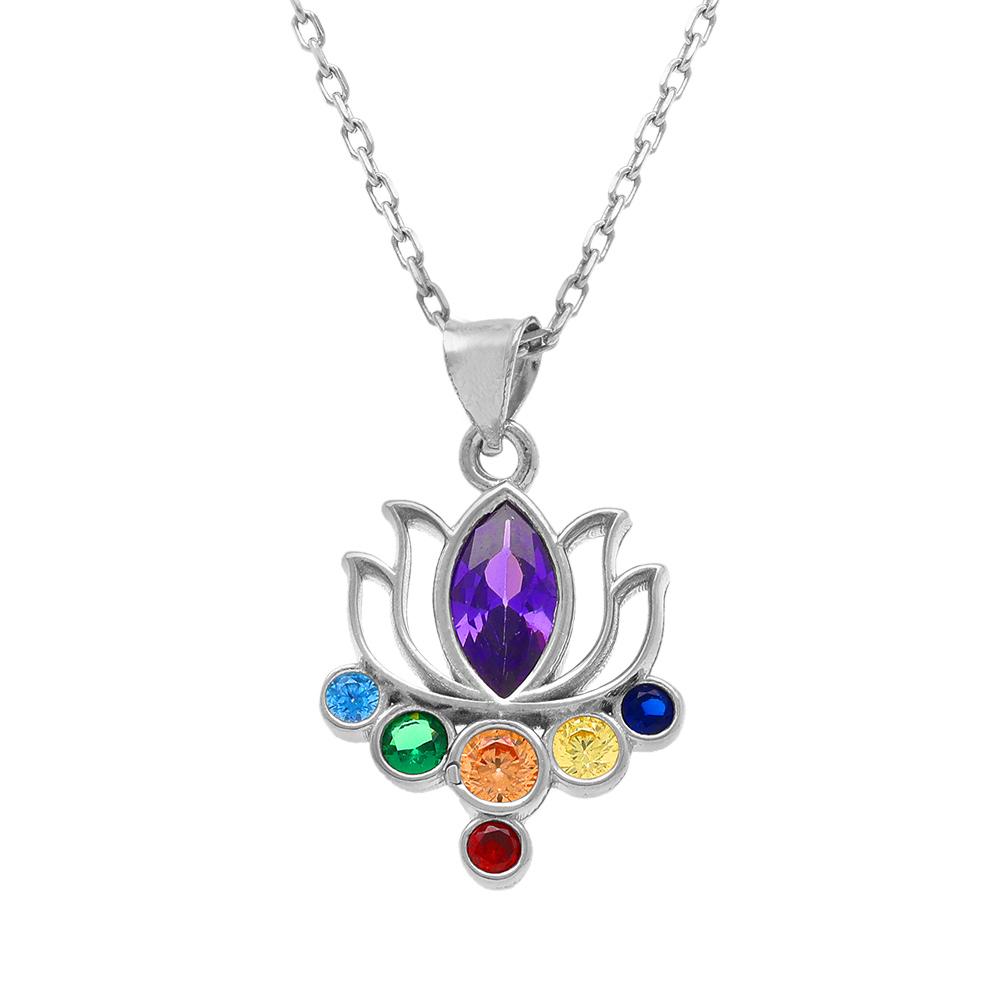 Collier en argent rhodi� pendentif chakra fleur 7 oxydes - 40+5cm - Vue 1