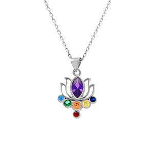 Collier en argent rhodié pendentif chakra fleur 7 oxydes - 40+5cm - Vue 1