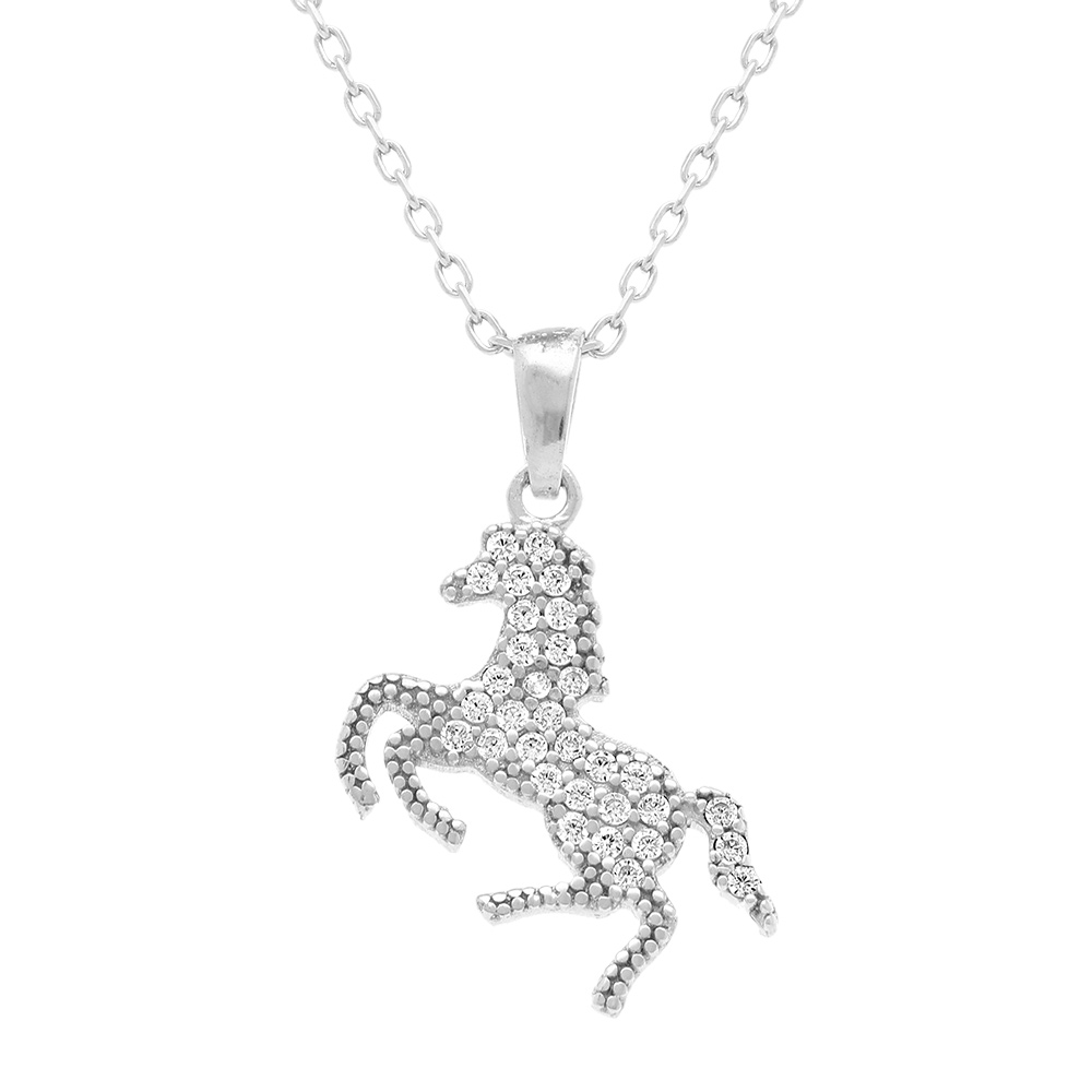 Collier en argent rhodi� pendentif cheval avec oxydes blancs - 40+5cm - Vue 1