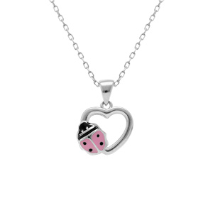 Collier en argent rhodié pendentif coeur avec coccinelle résine rose - 36+2cm - Vue 1