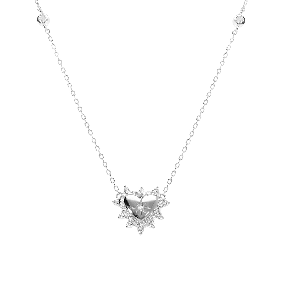 Collier en argent rhodi� pendentif coeur avec etoile du nord contour d\'oxydes blancs sertis  - 42+3cm - Vue 1