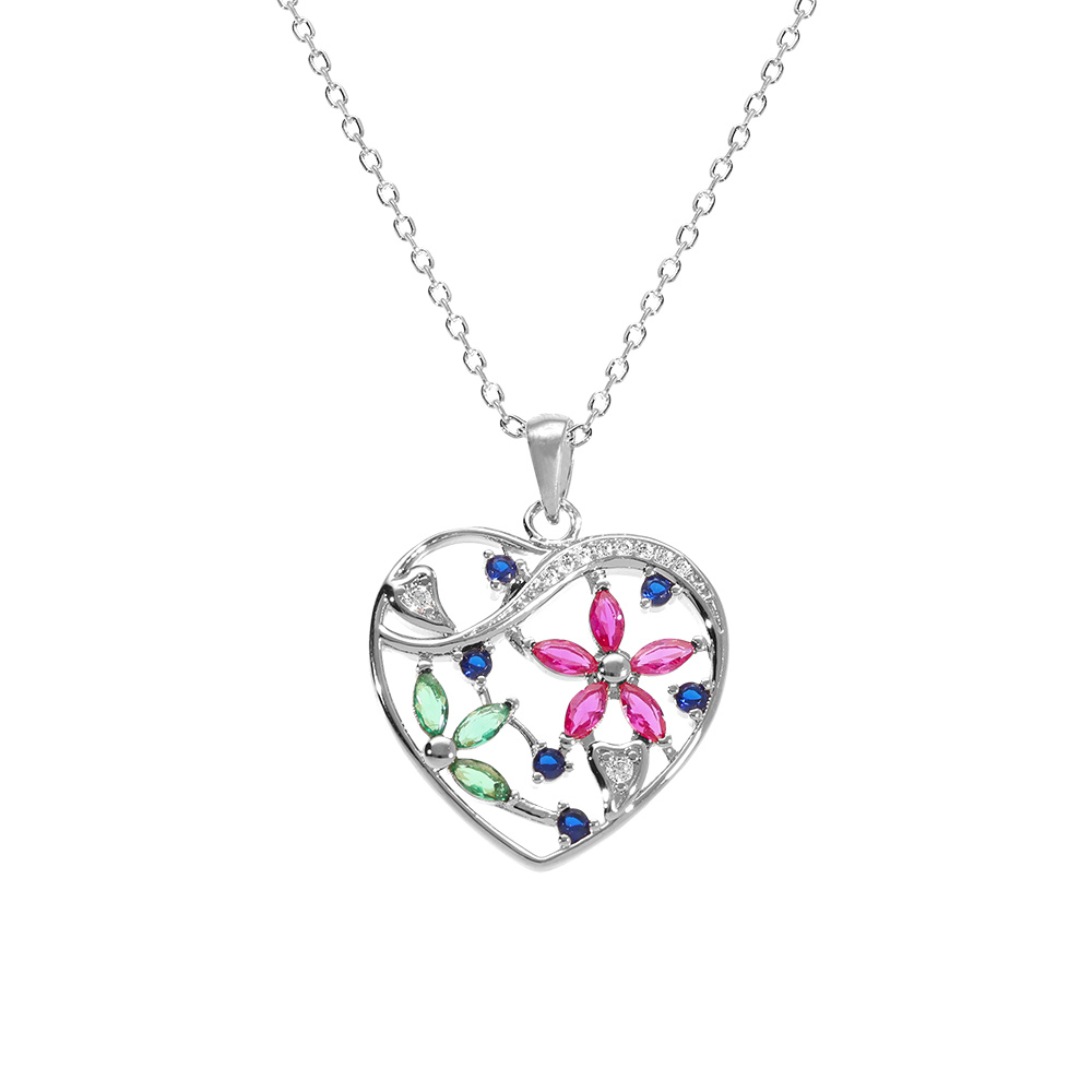 Collier en argent rhodi� pendentif coeur avec fleurs oxydes multi couleurs  - 40+5cm - Vue 1