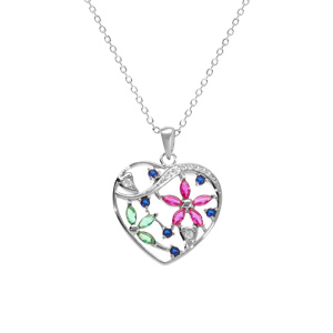 Collier en argent rhodié pendentif coeur avec fleurs oxydes multi couleurs - 40+5cm - Vue 1