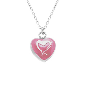 Collier en argent rhodi pendentif coeur bomb rsine  chaud rose recto verso - 41+3cm