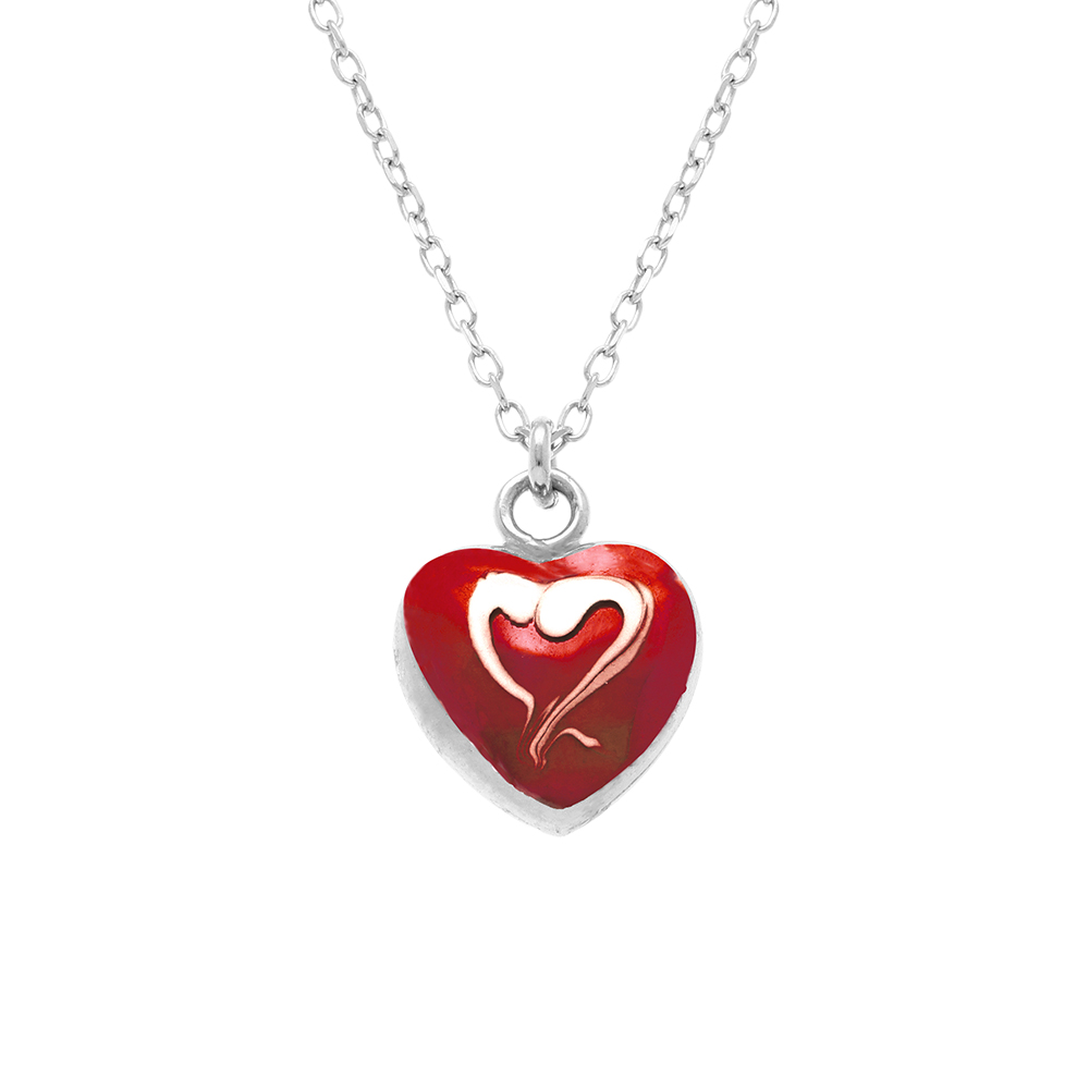 Collier en argent rhodi� pendentif coeur bomb� r�sine � chaud rouge rect verso - 41+3cm - Vue 1