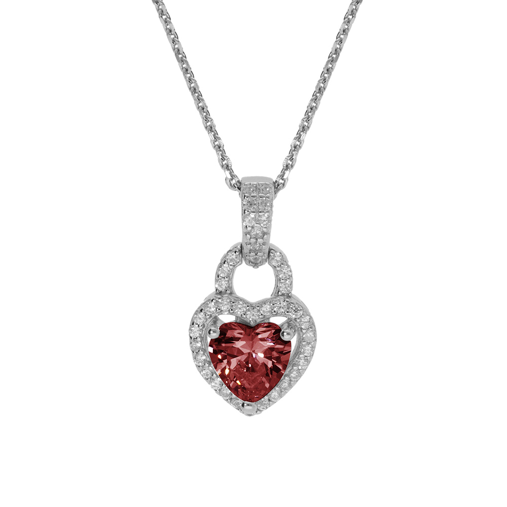 Collier en argent rhodi� pendentif coeur oxydes rouge et contour blancs 38+5cm - Vue 1