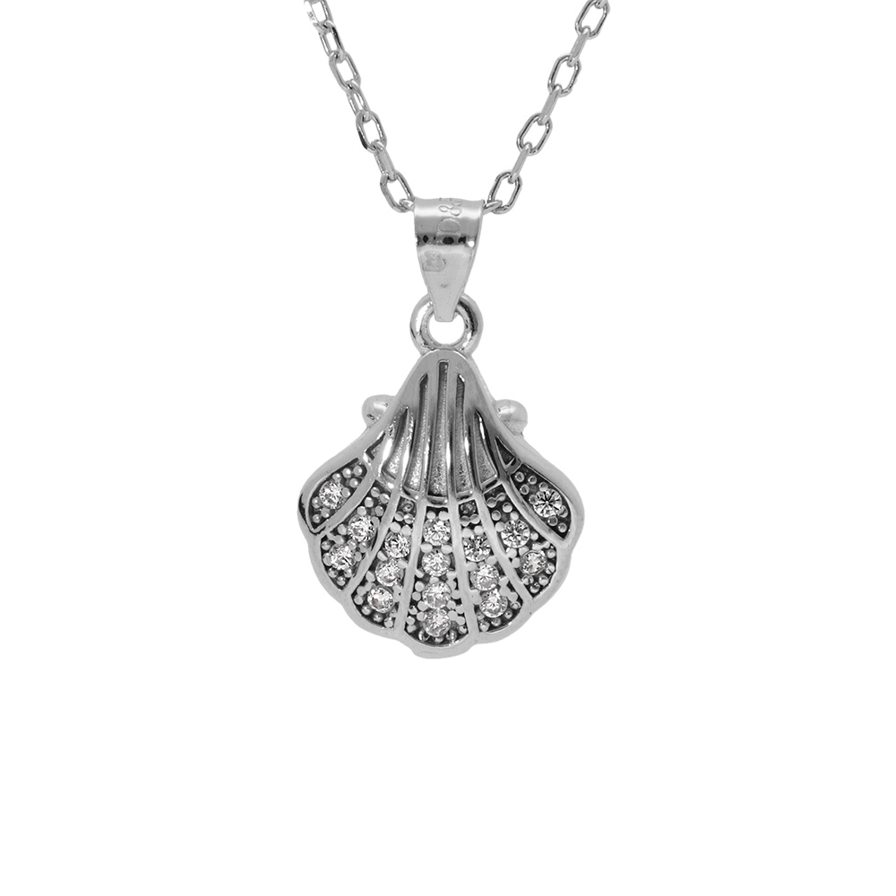 Collier en argent rhodi� pendentif coquille Saint-Jacques de Compostelle oxydes blancs sertis 40+5cm - Vue 1