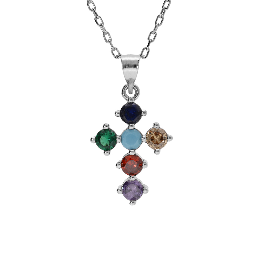 Collier en argent rhodi� pendentif croix 15x10mm oxydes multi couleurs sertis 40+5cm - Vue 1