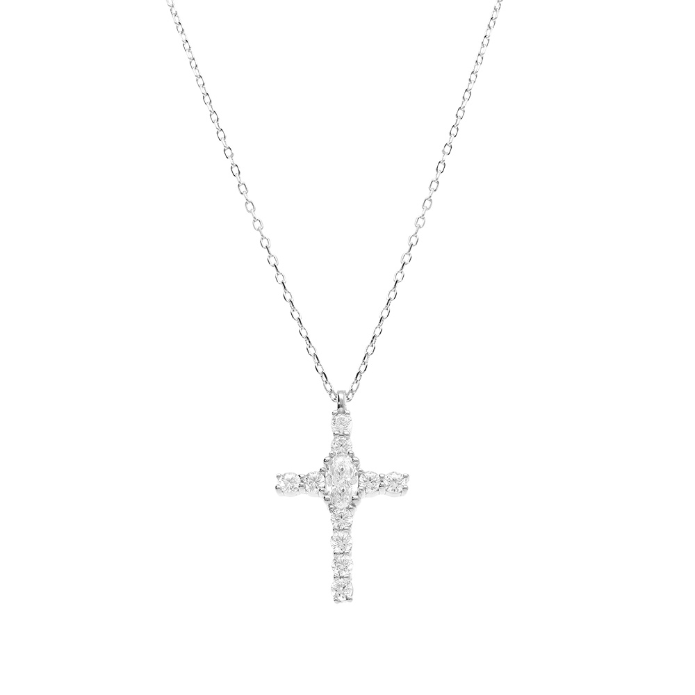 Collier en argent rhodi� pendentif croix (18 x 12mm) avec oxydes blancs sertis 38+5cm - Vue 1