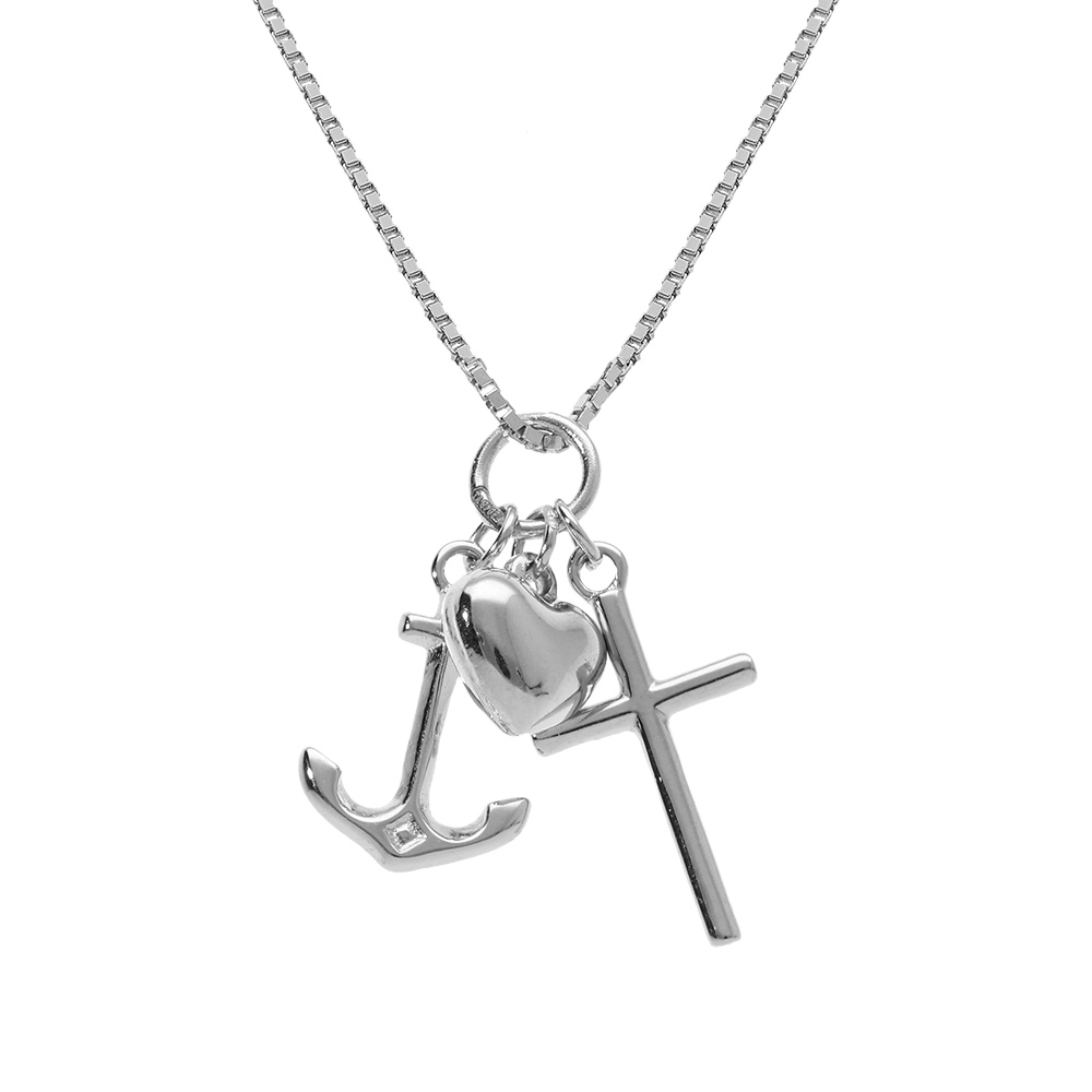 Collier en argent rhodi� pendentif croix, ancre et coeur 42+3cm - Vue 1