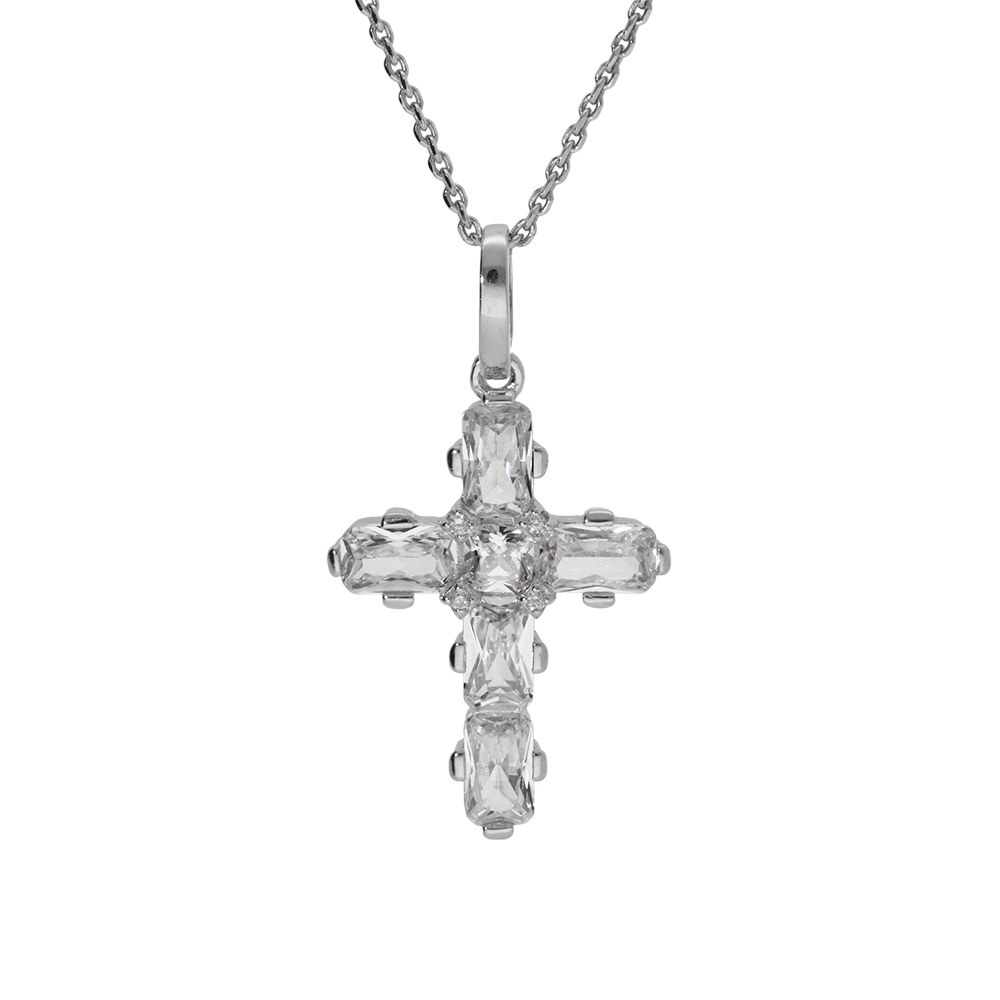 Collier en argent rhodi� pendentif croix avec oxydes blancs 38+5cm - Vue 1