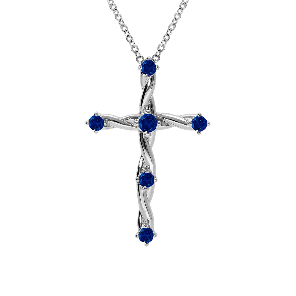 Collier en argent rhodi� pendentif croix avec oxydes bleu 41+3cm - Vue 1