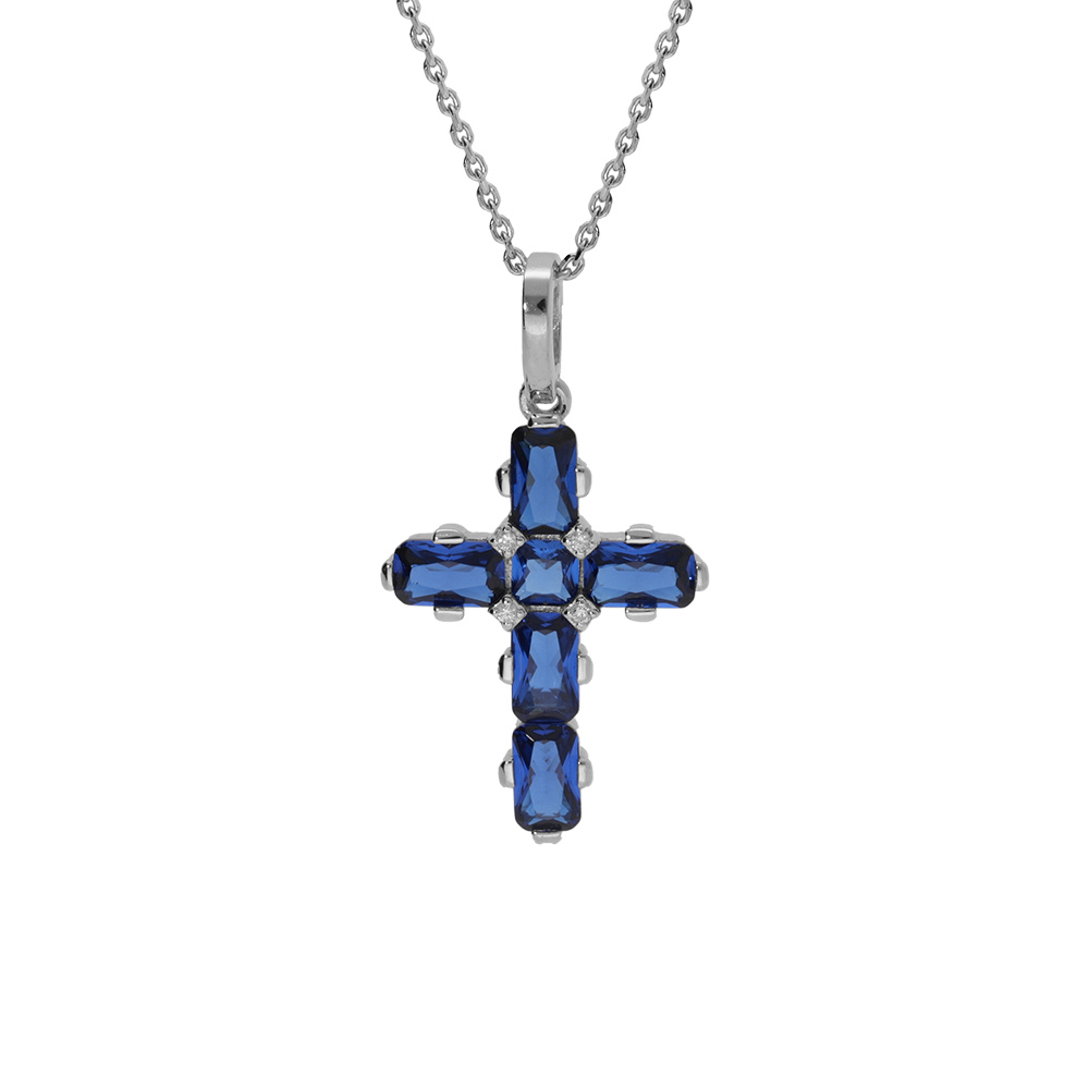 Collier en argent rhodi pendentif croix avec oxydes bleus 38+5cm - Vue 1