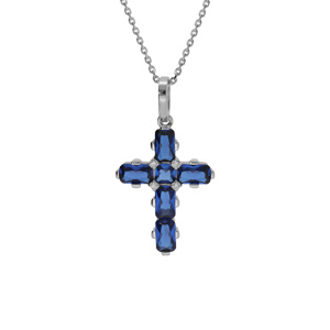 Collier en argent rhodi pendentif croix avec oxydes bleus 38+5cm - Vue 1