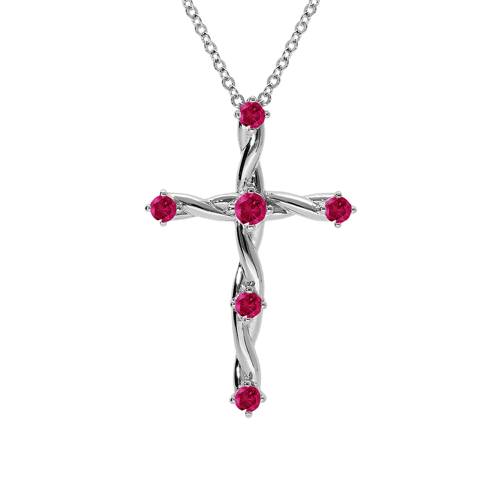 Collier en argent rhodi� pendentif croix avec oxydes fushia 41+3cm - Vue 1