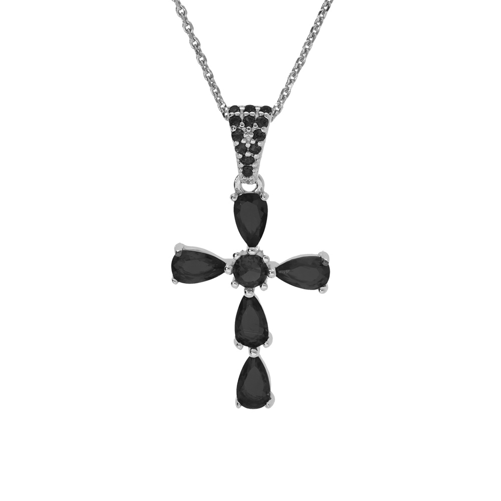 Collier en argent rhodi� pendentif croix avec oxydes noir fonc� 38+5cm - Vue 1