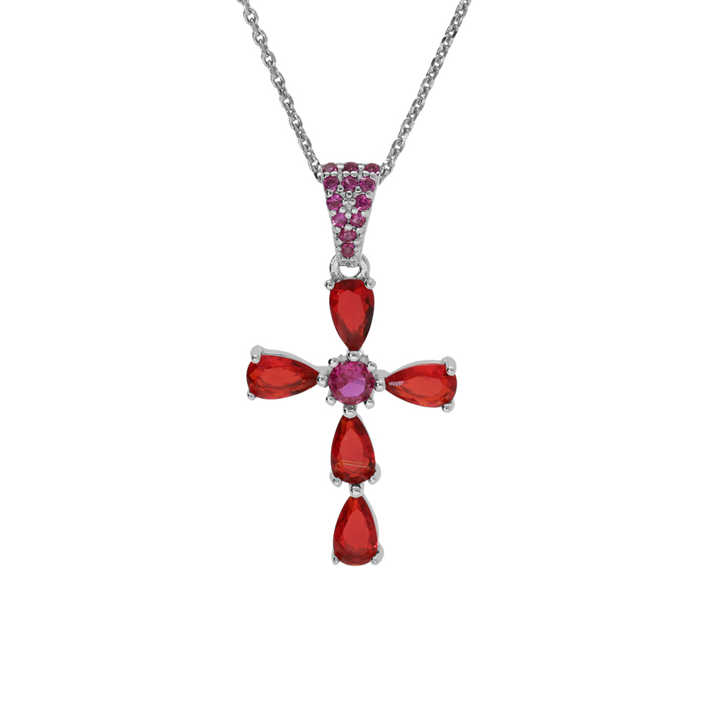 Collier en argent rhodi� pendentif croix avec oxydes rouges et oxyde central violet 38+5cm - Vue 1