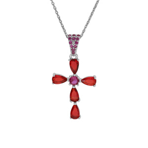 Collier en argent rhodi pendentif croix avec oxydes rouges et oxyde central violet 38+5cm - Vue 1
