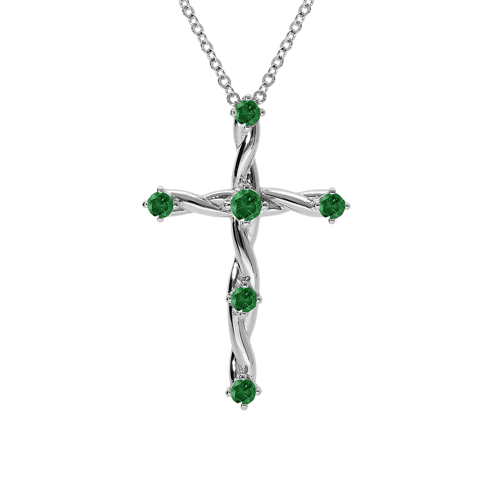 Collier en argent rhodi� pendentif croix avec oxydes verts 41+3cm - Vue 1