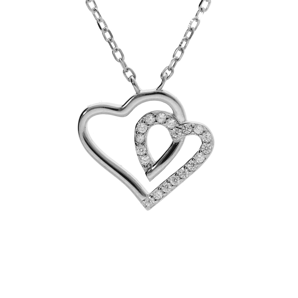 Collier en argent rhodi� pendentif double coeur contour oxydes blancs 42+3cm - Vue 1