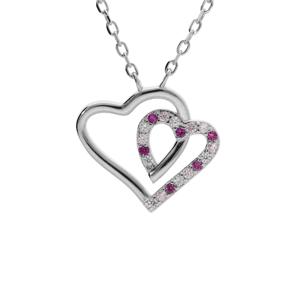 Collier en argent rhodi� pendentif double coeur contour oxydes blancs et roses 42+3cm - Vue 1