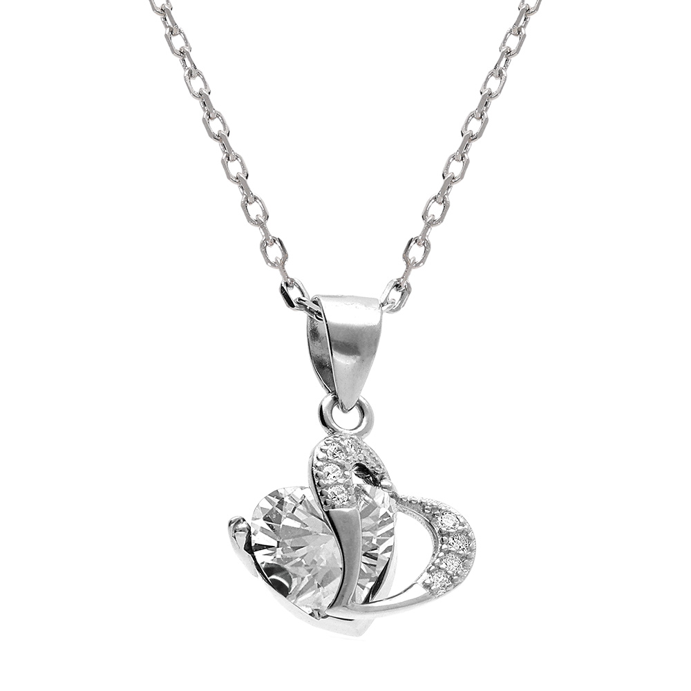 Collier en argent rhodi� pendentif double coeur oxyde blancs  - 40+3cm - Vue 1