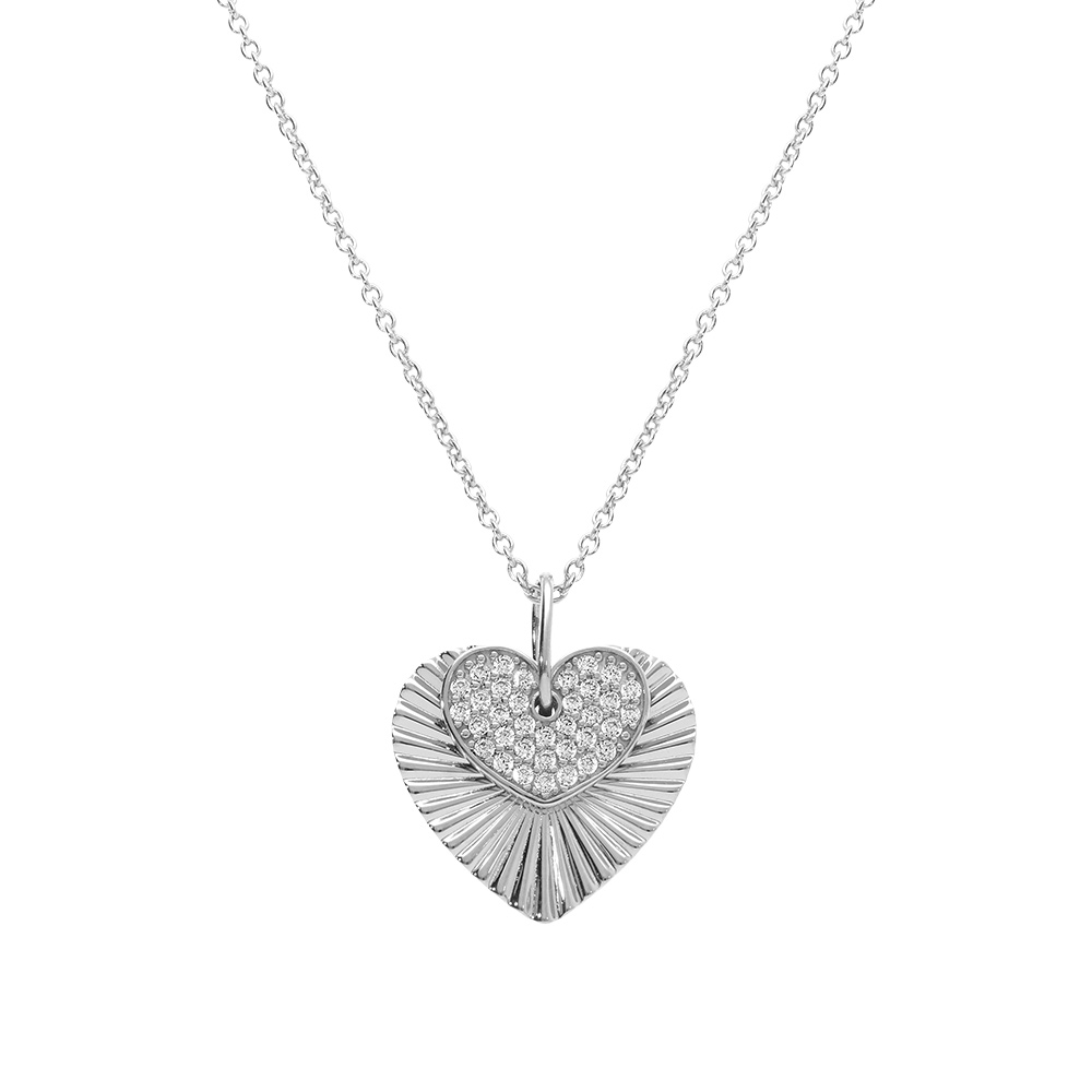 Collier en argent rhodi� pendentif double coeur stri� et oxydes blancs sertis 42+3cm - Vue 1