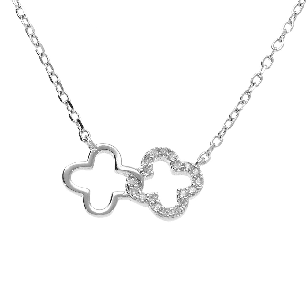Collier en argent rhodi� pendentif double fleur oyydes blancs sertis  - 40+4cm - Vue 1