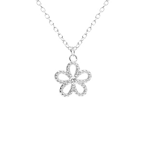 Collier en argent rhodi pendentif fleur ajoure avec oxyde blanc central- 39+4cm