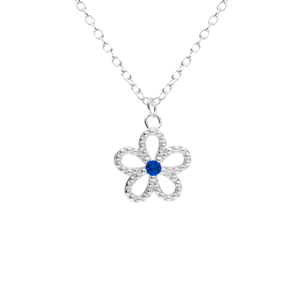 Collier en argent rhodi� pendentif fleur ajour�e avec oxyde bleu central- 39+4cm - Vue 1