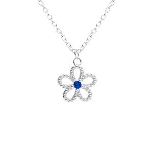 Collier en argent rhodi pendentif fleur ajoure avec oxyde bleu central- 39+4cm