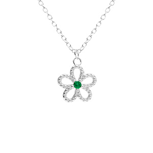 Collier en argent rhodi pendentif fleur ajoure avec oxyde vert central - 39+4cm