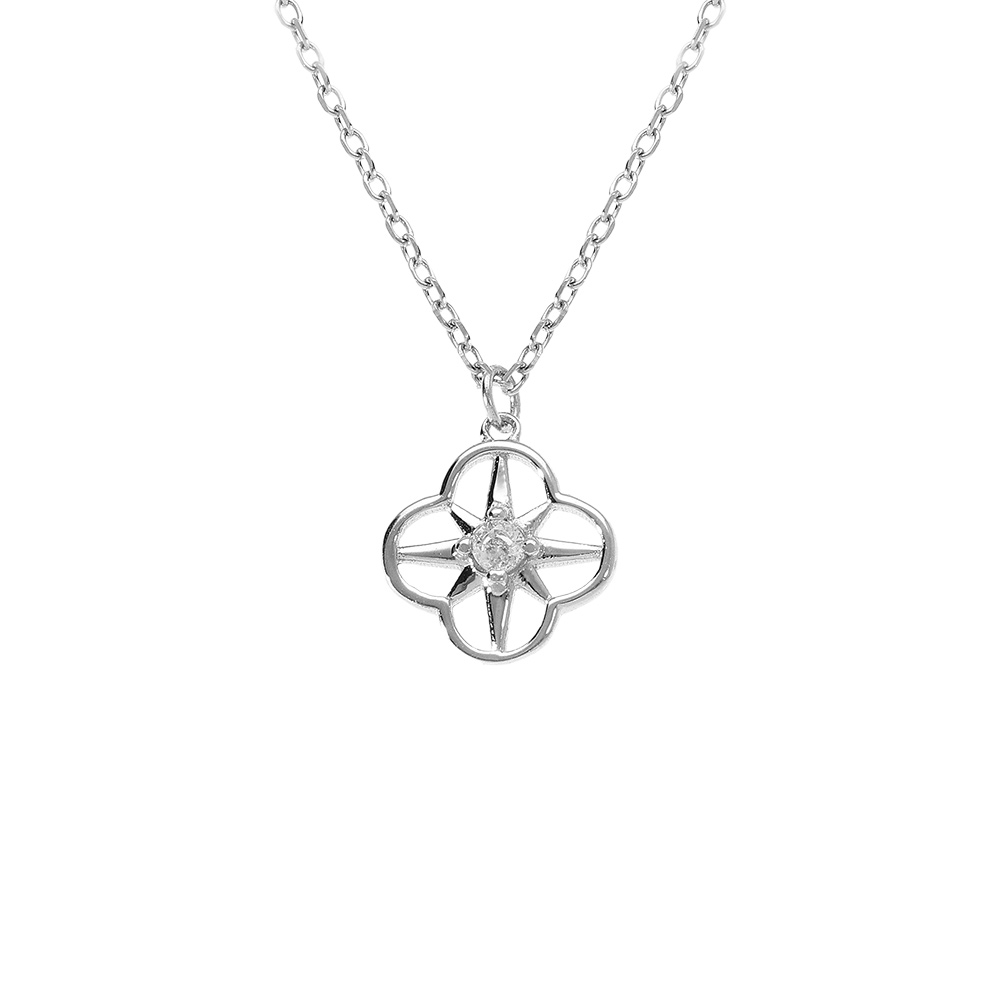 Collier en argent rhodi� pendentif fleur avec oyyde blanc au centre serti  - 40+4cm - Vue 1