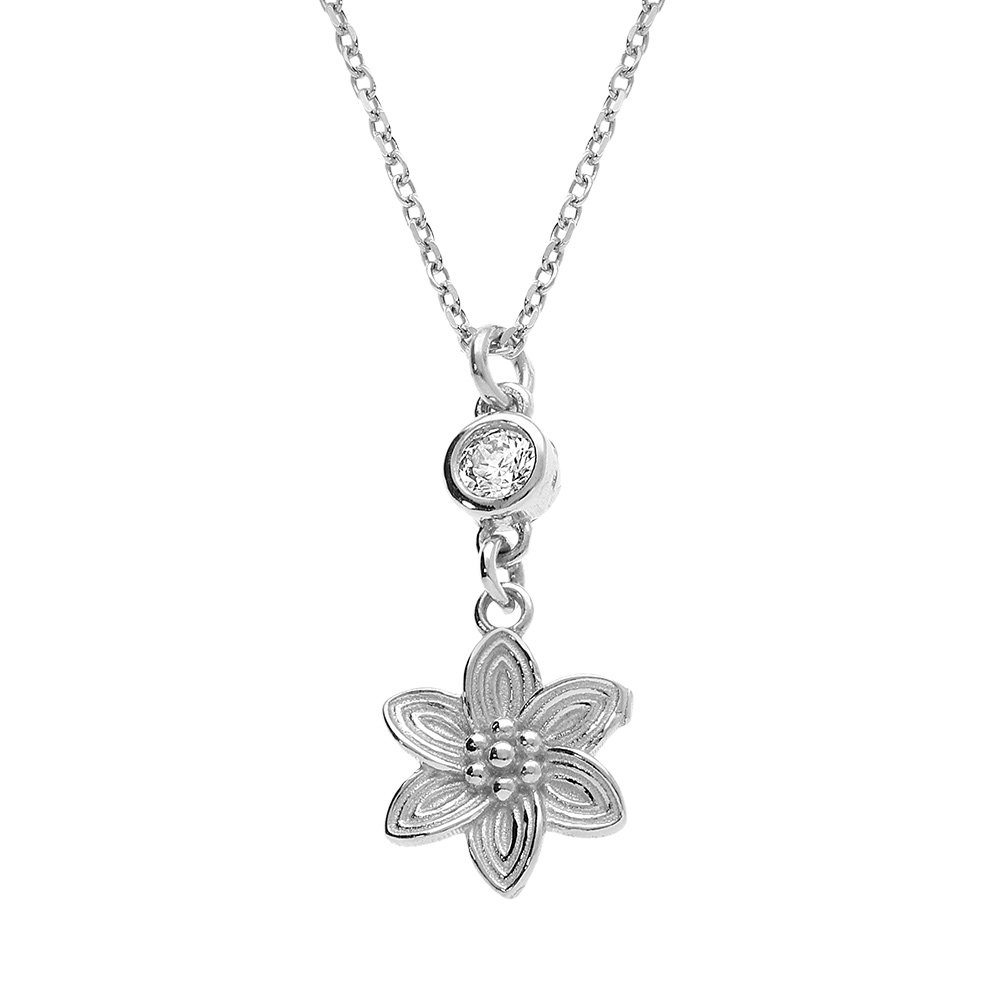 Collier en argent rhodi� pendentif fleur avec un oxyde blanc serti  - 40+5cm - Vue 1