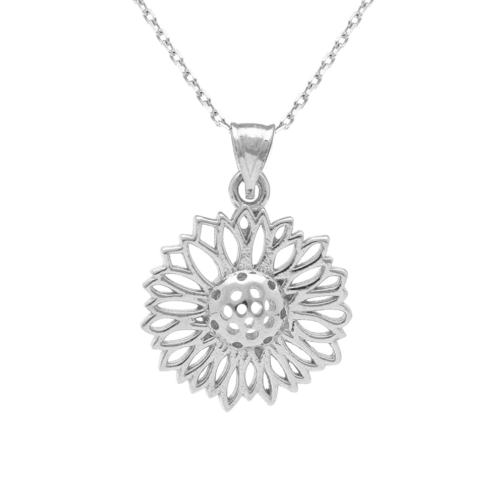 Collier en argent rhodi� pendentif fleur de tournesol - 40+5cm - Vue 1