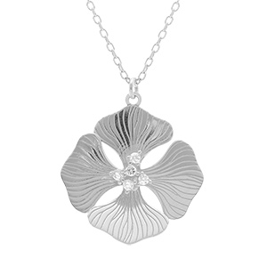Collier en argent rhodi� pendentif fleur et oxydes blancs - 40+5cm