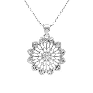 Collier en argent rhodi� pendentif fleur filigrane avec oxydes blancs sertis  - 40+5cm