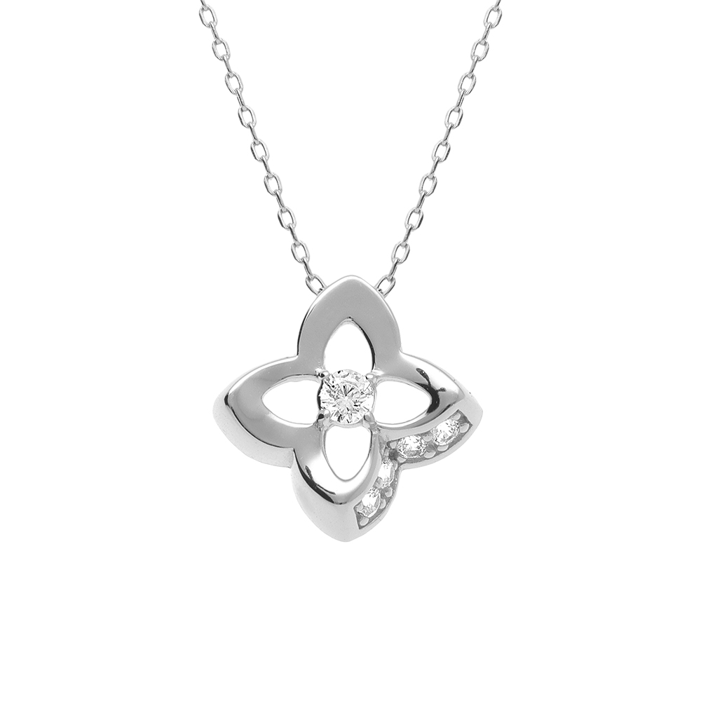 Collier en argent rhodi� pendentif fleur oxydes blancs et oxyde cental sertis - 40+3cm - Vue 1