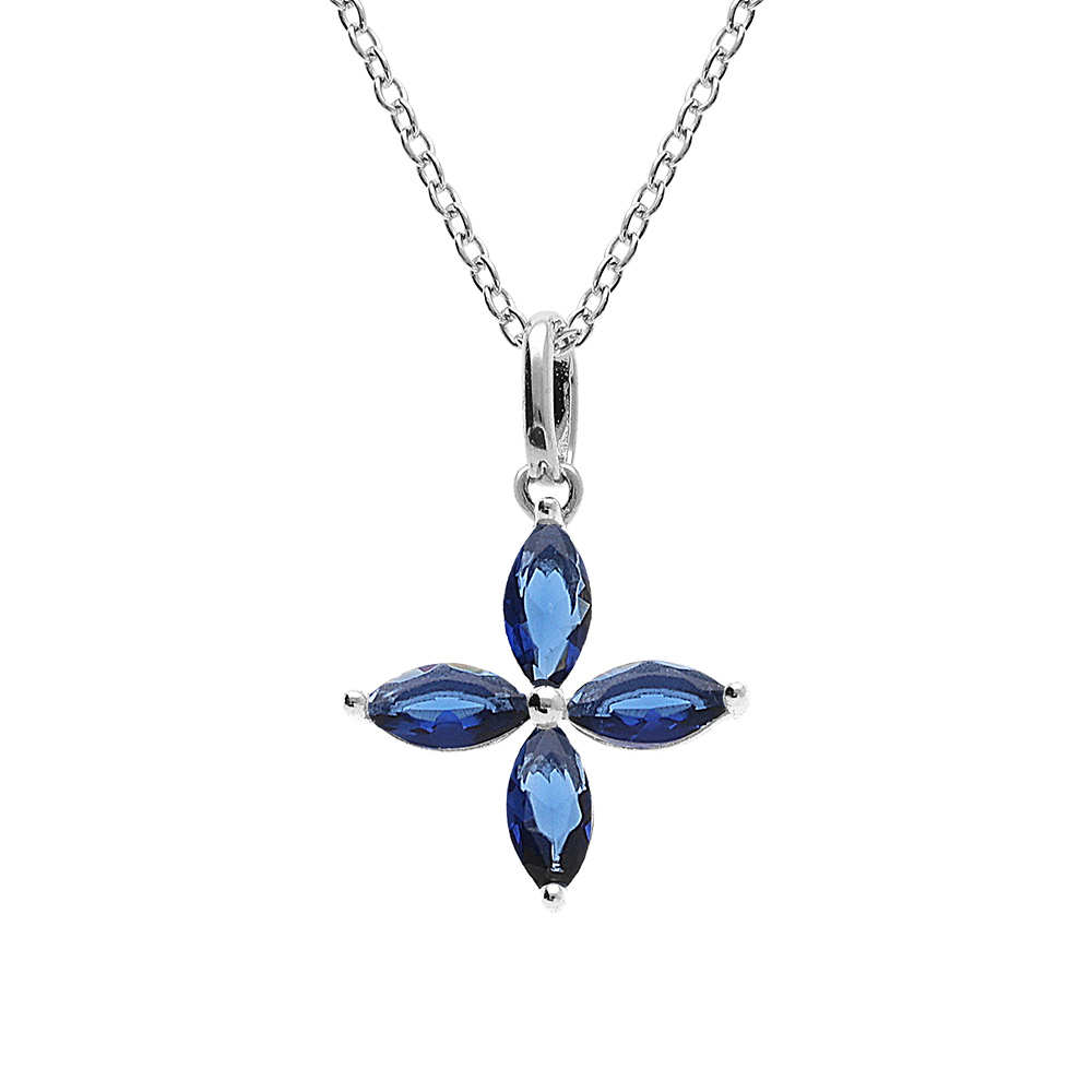 Collier en argent rhodi pendentif fleur verre bleu fonc 40+4cm - Vue 1